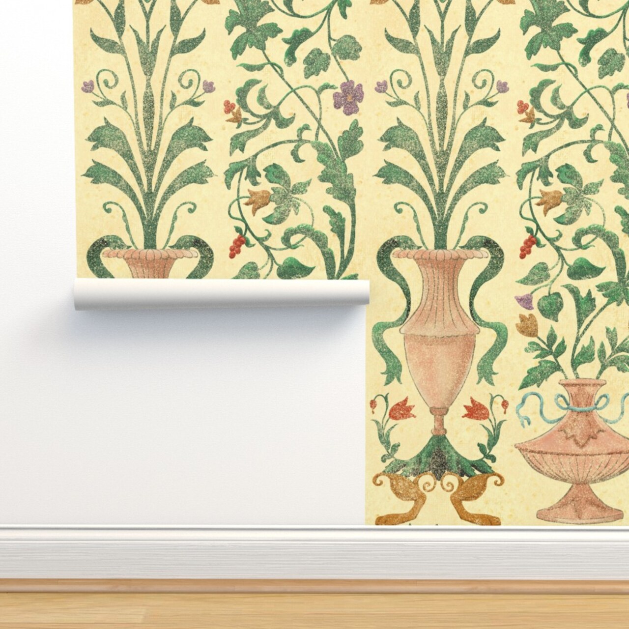 Yellow Floral Wallpaper Home Decor Large Scale Italian Renaissance Terra Cotta Italy Villa Frescoes Vase Custom Removable Wallpaper by Spoonflower Peel & Stick Wallpaper 2FT Wide